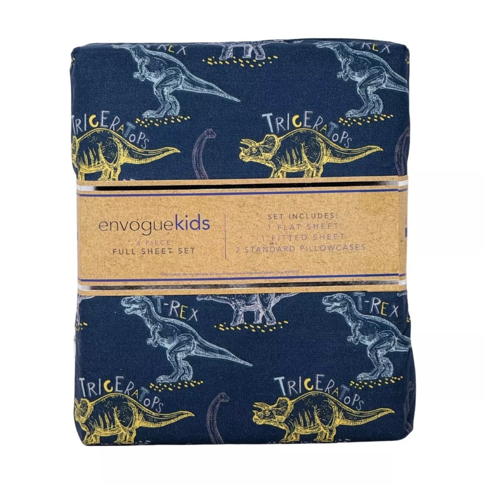 ENVOGUE Kids FULL 4PC Blue Sheet Set Different Types of Dinosaurs with Names NEW